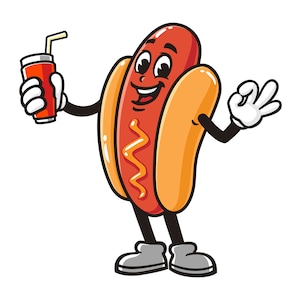 Hot Dog is holding a soft drink, Hot Dog Sausage cartoon mascot illustration character vector clip-art hand-drawn logo design