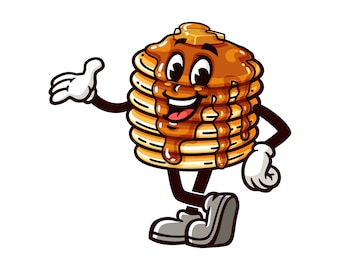 May include: A cartoon pancake character with a happy expression, wearing brown shoes and white gloves, is standing with one arm outstretched. The pancake is covered in brown syrup and has a pat of butter on top.