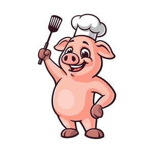Cerdo sosteniendo una espátula y usando un sombrero de chef, personaje de ilustración de mascota de dibujos animados vector Clip art Diseño dibujado a mano