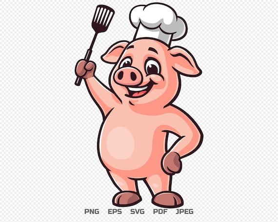 ヘラを持ち、シェフの帽子をかぶった豚、漫画のマスコットイラスト
