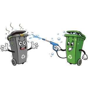 Trash can is washing with water gun, Trash Bin, Garbage Bin, cartoon mascot illustration character vector clip-art hand-drawn logo design
