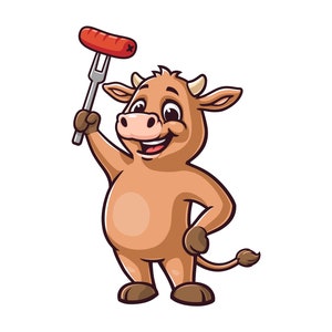 Cow holding sausage, cartoon mascot illustration character vector clip art hand drawn Design