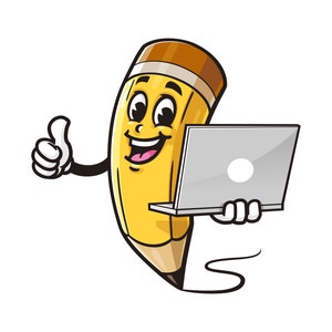 Op de afbeelding: Een gele cartoon-potlood met een bruine gum en een vrolijk gezicht houdt een zilveren laptop vast. Het potlood geeft een duim omhoog.
