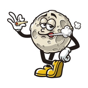 Fumar, luna, caricatura, mascota, ilustración, carácter, vector, clip-art, dibujado a mano, logotipo, diseño