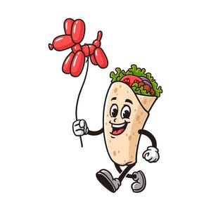 Burrito holding balloon dog,  Cartoon, Character, Mascot, Illustration, Vector, Clip-art, Hand-drawn, Logo, Graphic, Design