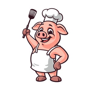 Cerdo sosteniendo espátula, usando delantal y sombrero de chef, personaje de ilustración de mascota de dibujos animados vector clip art dibujado a mano Diseño