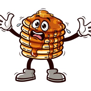 Puede incluir: Ilustración de dibujos animados de una pila de panqueques con jarabe y una nuez de mantequilla. Los panqueques tienen brazos, piernas y una expresión de sorpresa, con guantes y zapatos blancos. El personaje está sudando y tiene los brazos levantados.