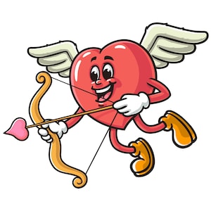 May include: A cartoon illustration of a red heart character with wings, holding a bow and arrow. The heart has a smiling face, white gloves, and orange shoes. The bow is gold, and the arrow has a pink heart-shaped tip.