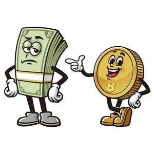 May include: A cartoon illustration of a stack of dollar bills with a sad expression and a gold bitcoin with a happy expression. The bitcoin is pointing to the dollar bills with its right hand.