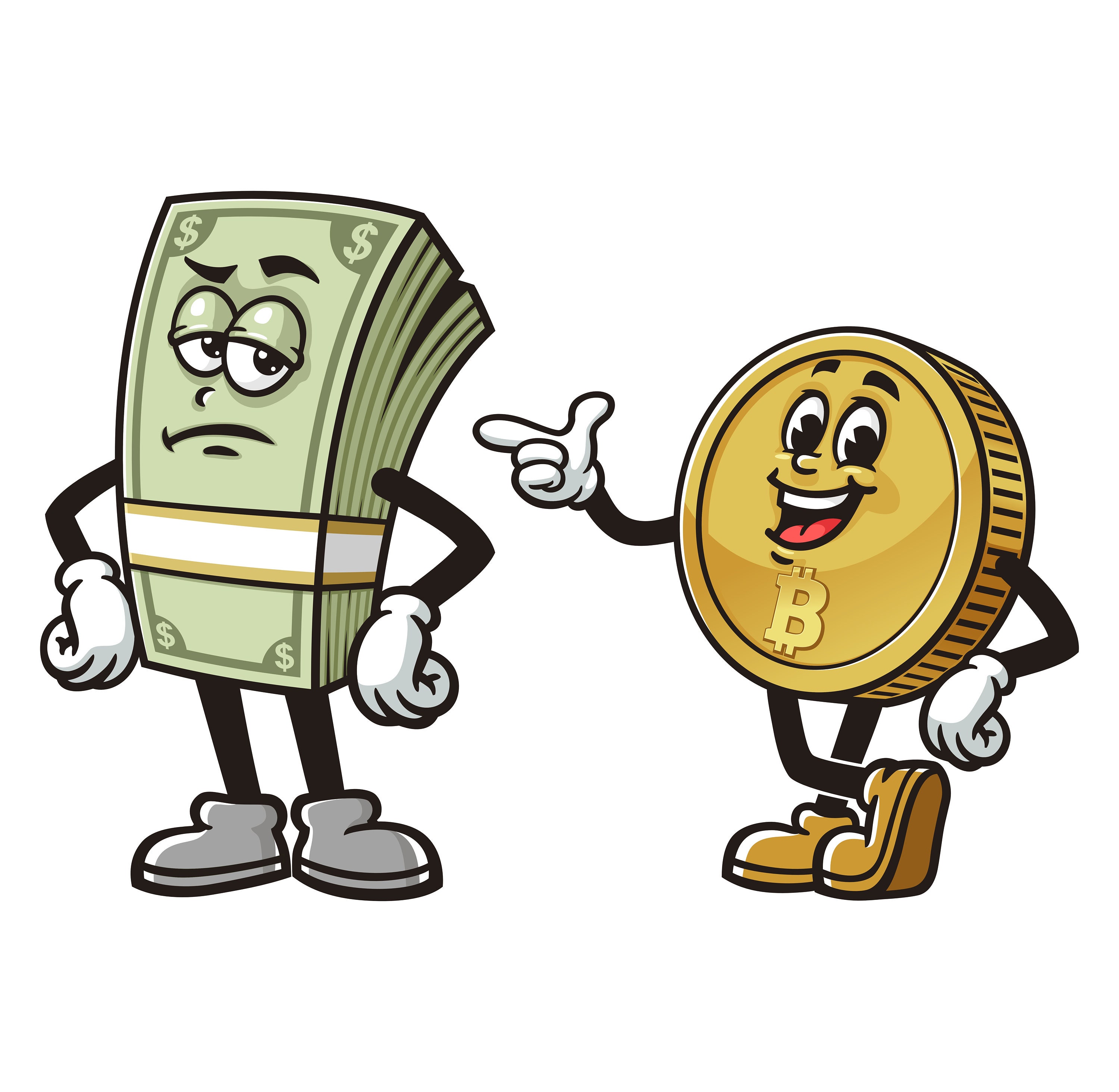 お金の現金、ビットコイン、暗号通貨の漫画のマスコットのイラストキャラクターベクトルクリップアート手描きのロゴデザイン - Etsy 日本