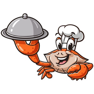 Krabbe Koch hält ein Tablett, Cartoon Maskottchen Illustration Charakter Vektor Logo Clip Art handgezeichnet Design