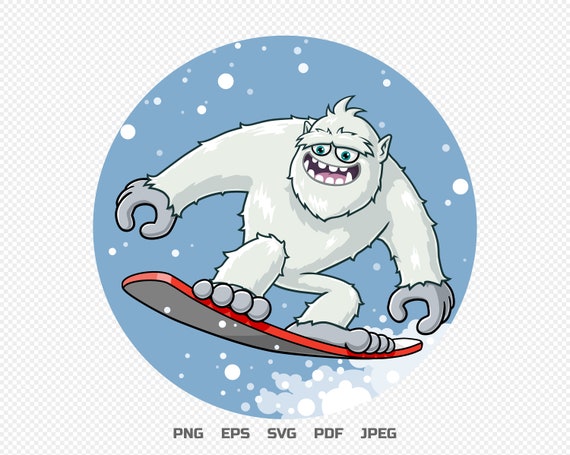 イエティは背景付きのスノーボードキャラクターのマスコットデザイン