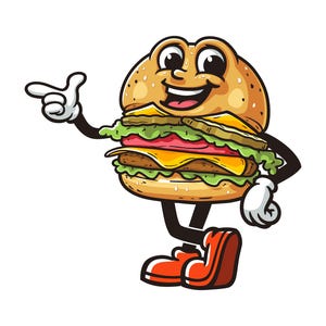 Burger Cartoon Mascot Illustration Character Vector Clip-art Hand-drawn Logo Design