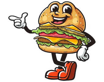 Ilustracja maskotki z kreskówki Burger Postać wektorowa Clip-art Rysowany ręcznie projekt logo