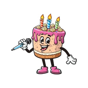 May include: A cartoon illustration of a singing cake with a microphone. The cake has pink frosting, three lit candles, and is decorated with sprinkles and cream dollops. It has arms, legs, and a smiling face, wearing pink shoes.