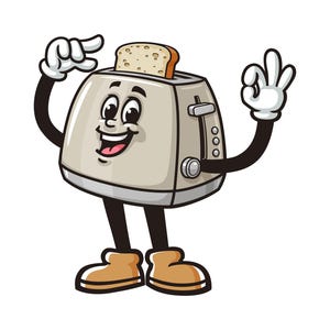 Toaster with hand pointing at bread, Toaster Cartoon Mascot Illustration Character Vector Clip-art Hand-drawn Logo Design