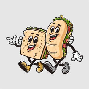 Puede incluir: Ilustración de dibujos animados de un sándwich y un wrap con caras sonrientes, brazos y piernas. El sándwich está hecho de dos rebanadas de pan con un relleno de lechuga y otros ingredientes. El wrap está relleno de verduras.