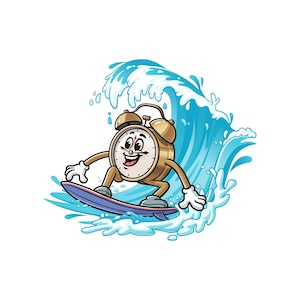 May include: A cartoon illustration of a gold alarm clock with a smiling face, arms, and legs, surfing on a purple surfboard across a large, crashing blue ocean wave with white sea foam and water droplets splashing around the character.