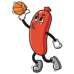 Sausage playing Basketball Slam dunk cartoon mascot illustration design character vector clip art