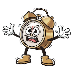 Könnte beinhalten: Ein Cartoon-Wecker mit goldenem Gehäuse und weißem Zifferblatt schwitzt und hat einen panischen Gesichtsausdruck. Die Uhr hat zwei Zeiger und einen roten Sekundenzeiger. Die Uhr hat eine Glocke oben und steht auf zwei Beinen.