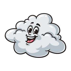 Peut inclure: Une illustration de dessin animé d'un nuage blanc avec un visage souriant. Le nuage a une grande bouche ouverte et de grands yeux ronds.