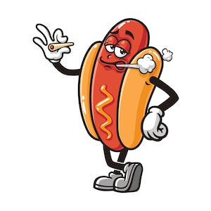 smoking Hot Dog Sausage cartoon mascot illustration character vector clip-art hand-drawn logo design