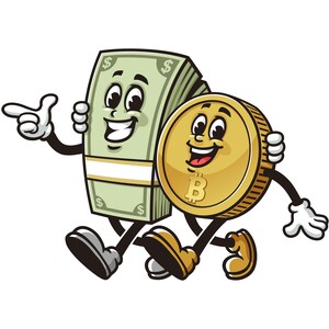 Money Cash couple with Bitcoin,    Cartoon Character Mascot Illustration Vector Clip-art Hand-drawn Logo Design