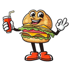 Burger with Soft drink Cartoon Mascot Illustration Character Vector Clip-art Hand-drawn Logo Design