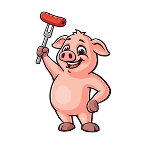 Cerdo sosteniendo salchicha, caricatura mascota ilustración personaje vector clip art diseño dibujado a mano