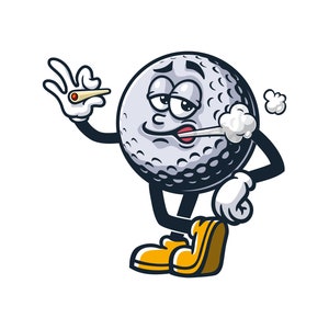 Op de afbeelding: Een cartoon golfbal met een gezicht rookt een sigaret en houdt er nog een in zijn hand. De golfbal draagt gele schoenen en heeft een witte handschoen aan zijn rechterarm.