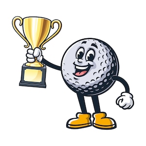 Può includere: Un personaggio di cartone animato a forma di palla da golf che tiene un trofeo dorato con una base nera. La palla da golf ha un viso sorridente e occhi neri. La palla da golf indossa scarpe gialle.