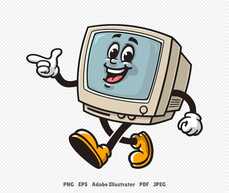 Walking Retro Computer Cartoon Mascot Illustration Character Vector ...