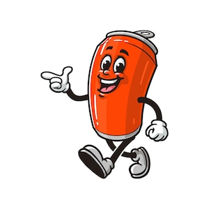 Chodząca puszka napoju gazowanego, puszka napoju bezalkoholowego, maskotka z kreskówki, ilustracja, postać, wektor, klip-art, rysowany ręcznie projekt logo