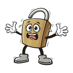 Może przedstawiać: Kreskówkowa ilustracja kłódki z przestraszonym wyrazem twarzy. Kłódka ma ręce i nogi i nosi szare buty. Kłódka się poci i ma przestraszony wyraz twarzy.