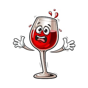 Könnte beinhalten: Eine Cartoon-Illustration eines Rotweinglases mit einem überraschten Ausdruck, mit ausgestreckten Armen und ein paar Tropfen Wein, die um es herum spritzen.