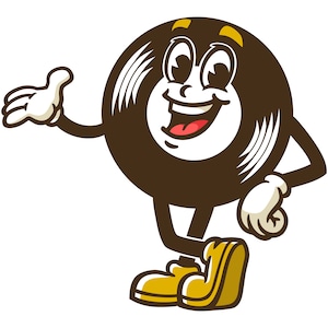May include: A cartoon vinyl record with a smiling face, wearing brown shoes and white gloves, with one arm outstretched and the other arm bent at the elbow.