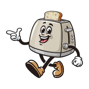 Puede incluir: Una ilustración de dibujos animados de una tostadora con una cara sonriente, usando zapatos marrones y caminando. La tostadora tiene una rebanada de pan en la ranura y está extendiendo una mano, como si estuviera apuntando a algo.