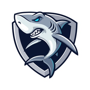 Shark sport with shield cartoon mascot illustration character vector logo clip art hand drawn Design