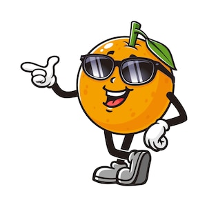 Orangenfrucht trägt Sonnenbrille, Cartoon, Charakter, Maskottchen, Illustration, Vektor, Clip-art, Handgezeichnet, Logo, Grafik, Design.