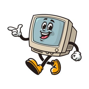 Ilustración de personaje de mascota de dibujos animados de computadora retro caminando Clip-art vectorial Diseño de logotipo dibujado a mano