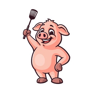 Cerdo, tenencia, espátula, caricatura, mascota, ilustración, carácter, vector, clip, arte, mano, dibujado, diseño