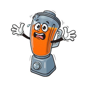Könnte beinhalten: Ein Cartoon-Mixer mit einem ängstlichen Gesichtsausdruck, der seine Hände in die Luft hält. Der Mixer ist mit Orangensaft gefüllt und hat eine graue Basis mit einem silbernen Knopf.