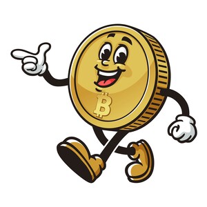May include: A cartoon illustration of a gold coin with a smiling face and the letter "B" in the center. The coin has arms and legs and is walking with one leg raised.