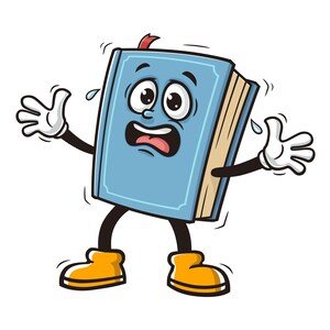Könnte beinhalten: Cartoon-Illustration eines blauen Buches mit ängstlichem Gesichtsausdruck, großen Augen und offenem Mund. Das Buch hat Arme mit weißen Handschuhen, schwarze Beine und gelbe Schuhe. Ein rotes Lesezeichen ragt oben heraus.