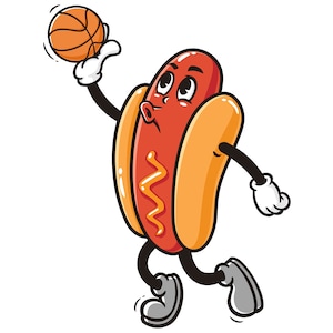 Hot dog playing basketball slam dunk cartoon mascot illustration design character vector clip art