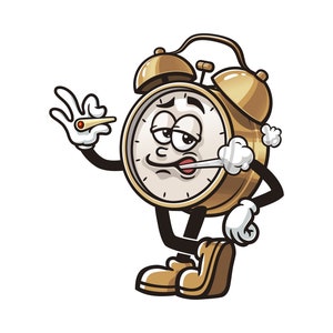 May include: Cartoon illustration of a gold alarm clock character smoking. The clock has a white face with black hands, black legs, and brown shoes. The clock is exhaling smoke and holding a lit object.