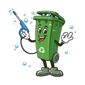 Trash Bin Garbage Bin Cleaner Service cartoon mascot illustration character vector clip-art hand-drawn logo design