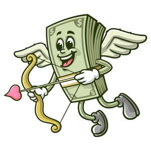 May include: A cartoon illustration of a stack of money with wings and a bow and arrow. The money has a smiling face and is wearing a white glove. The arrow has a pink heart on the end.
