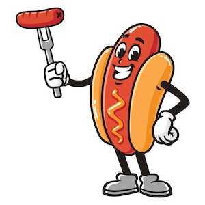 Hot dog with Sausage Fork cartoon mascot illustration design character vector clip art