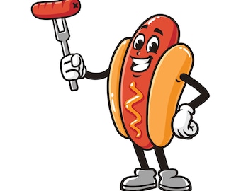 Hot dog with Sausage Fork cartoon mascot illustration design character vector clip art